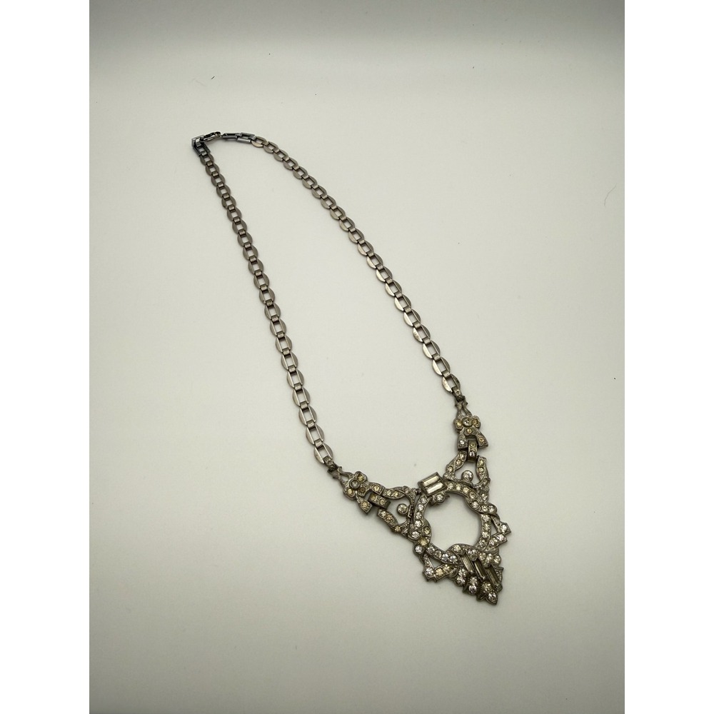 Vintage Art Deco Rhinestone Bib Necklace‎ Silver Tone Geometric